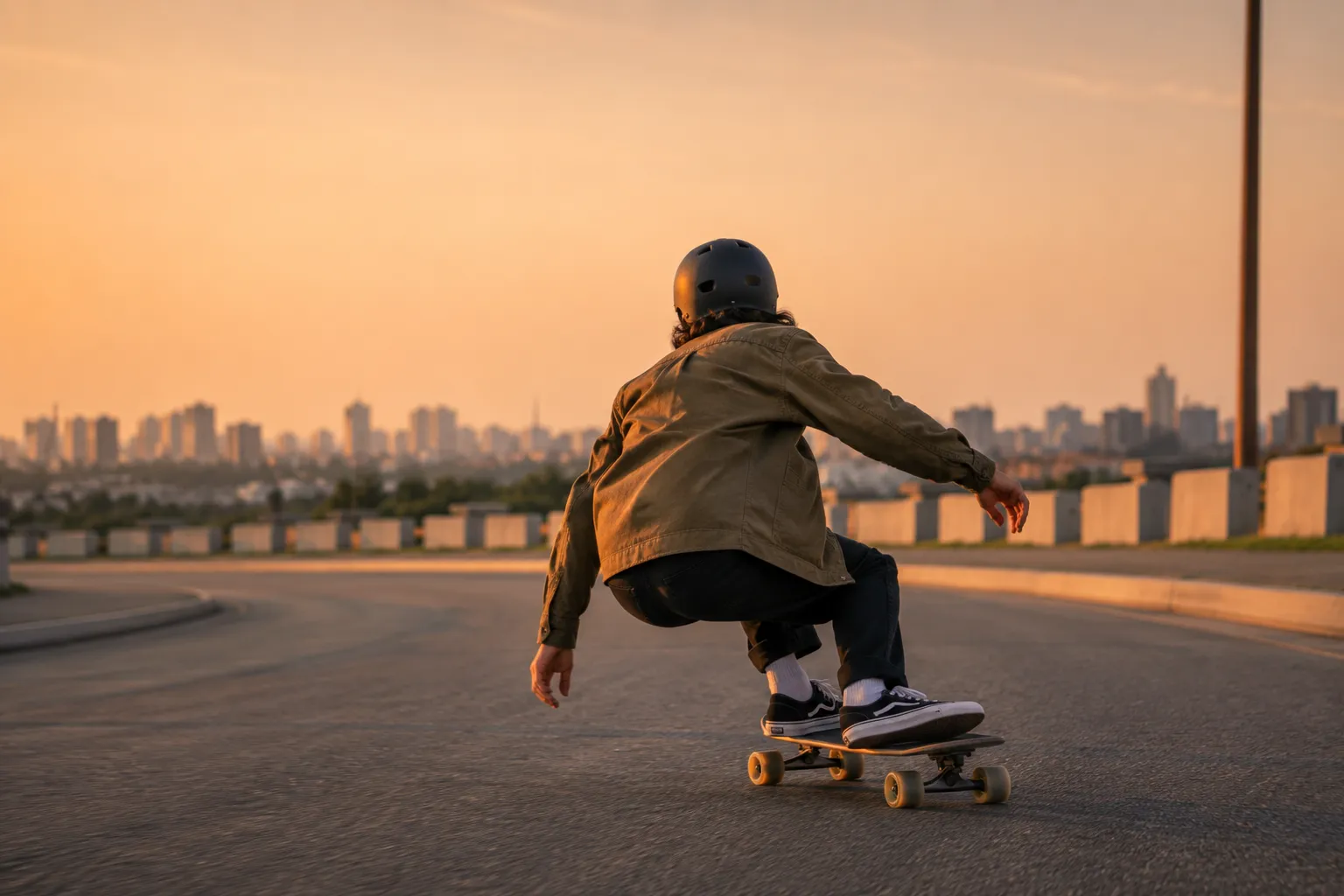 Surfskate rider mid-carve at golden hour on smooth pavement — best surfskates 2026 in action
